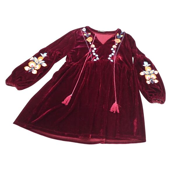 Cherry Cola Red BOHO Flower Embroidery Short Velour/Velvety Fall dress size L - Picture 1 of 8